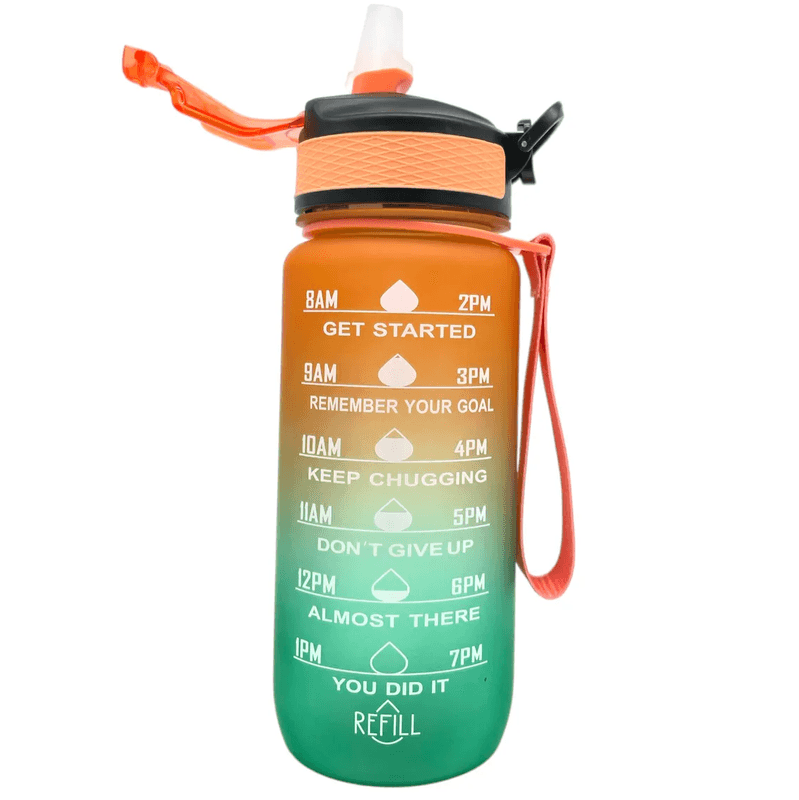 Motivasjonsflaske 600ml | Grønn og oransje | Med målestrek og lokk