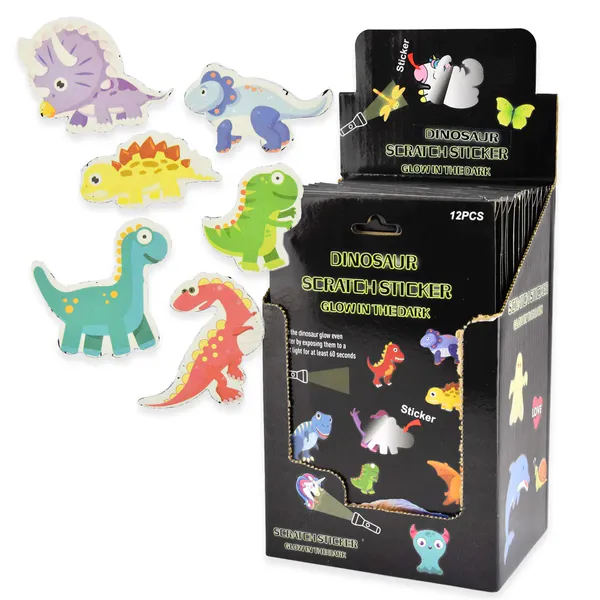 Skrapeklistremerker som lyser i mørket - Dinosaur 12pk