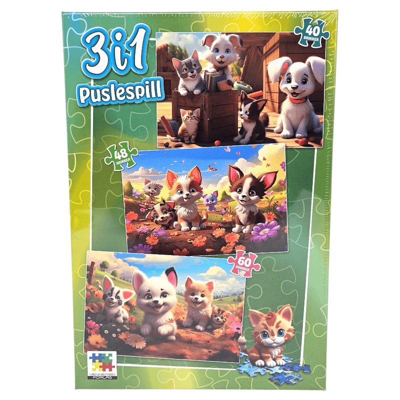 Puslespill 3i1 Hunder & Katter | Tre puslespill i én eske