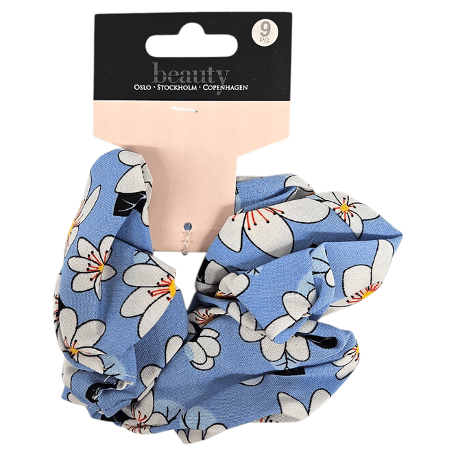 Hovedbilde Beauty Scrunchie blå med blomster | Stor og sommerlig hårstrikk